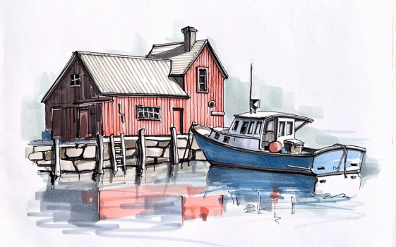 Пошаговка. Рисуем морской пейзаж с лодкой