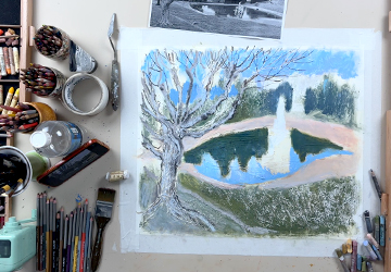 Пейзаж с водоёмом. Пастель, часть 2