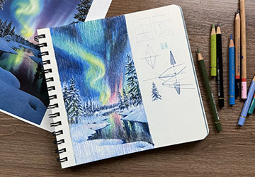 Северное сияние. Рисуем лес и снег