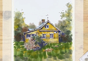 Портрет жёлтой деревянной дачи. Работа с зеленью