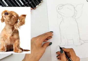 Щенок в наушниках. Построение сложного ракурса. 