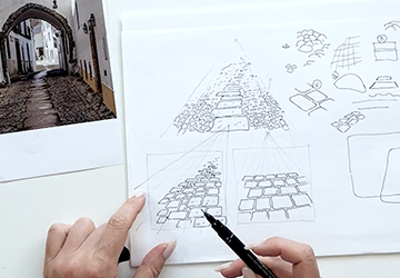 Рисование древних камней мощения улицы