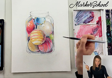 Банка с игрушками. Техника "мокрым по-мокрому"