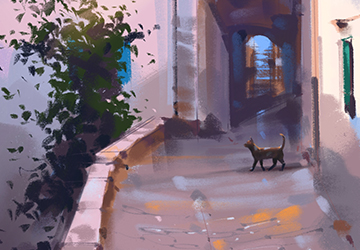 Розовый фасад на закате. Рисуем кота