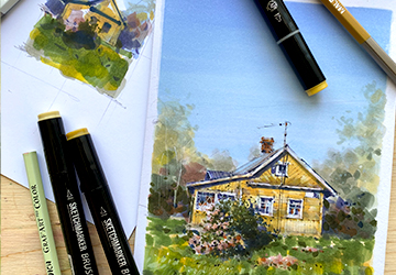 Портрет жёлтой деревянной дачи. Завершение: детализация карандашами