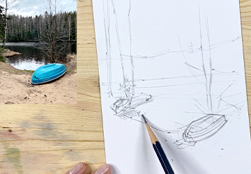 Пасмурное лесное озеро. Линейный рисунок