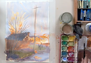 Сельский пейзаж. Гуашь