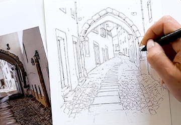 Ворота и улица в Марвау. Линейная отрисовка