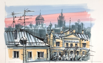 Москва на рассвете, воздушная перспектива.