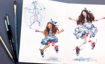 Эмоциональный скетч девочки в прыжке